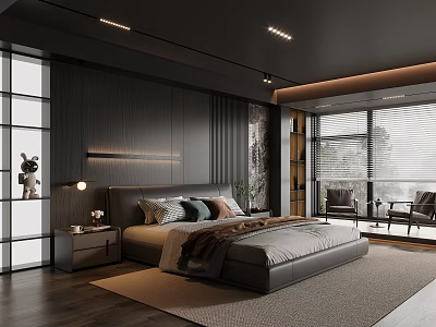 Modern Bedroom Interior With Dark Wooden Walls LED Strip Lighting Gray Bedding And Wooden Flooring 3d model