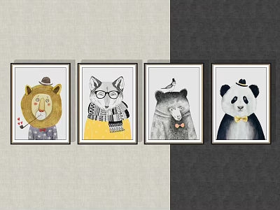 Cute Animal Paintings Featuring Lion Fox Bear Panda Wearing Hat Glasses And Bowtie On Wall 3d model