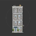 Multi Story Brick Building Model With Windows Entrance Green Plants And Street Lamp