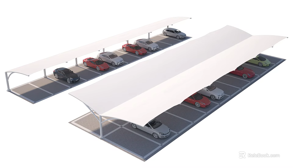 White Carport Canopy For Parking Lot With Multiple Covered Spaces And Parked Cars 3d model 