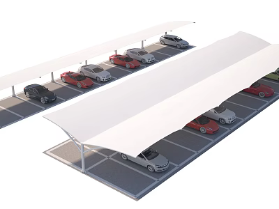 White Carport Canopy For Parking Lot With Multiple Covered Spaces And Parked Cars 3d model