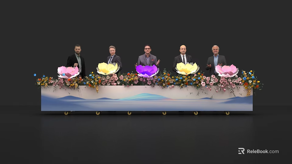 Ceremonial Launch Device Featuring Five People Decorative Flowers Wavy Pattern Tabletop and Wheels 3d model 