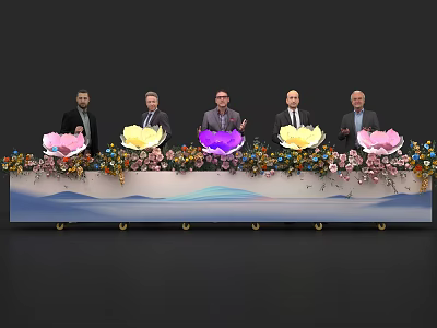 Ceremonial Launch Device Featuring Five People Decorative Flowers Wavy Pattern Tabletop and Wheels 3d model