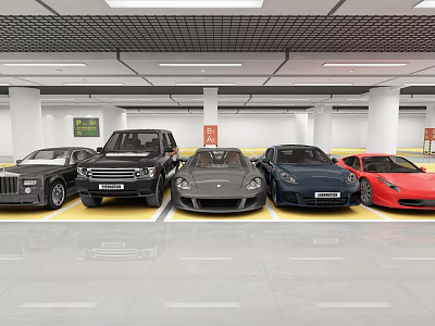 Indoor Parking Garage Featuring Multiple Luxury Cars Parked On Yellow Marked Floors With Bright Lighting 3d model