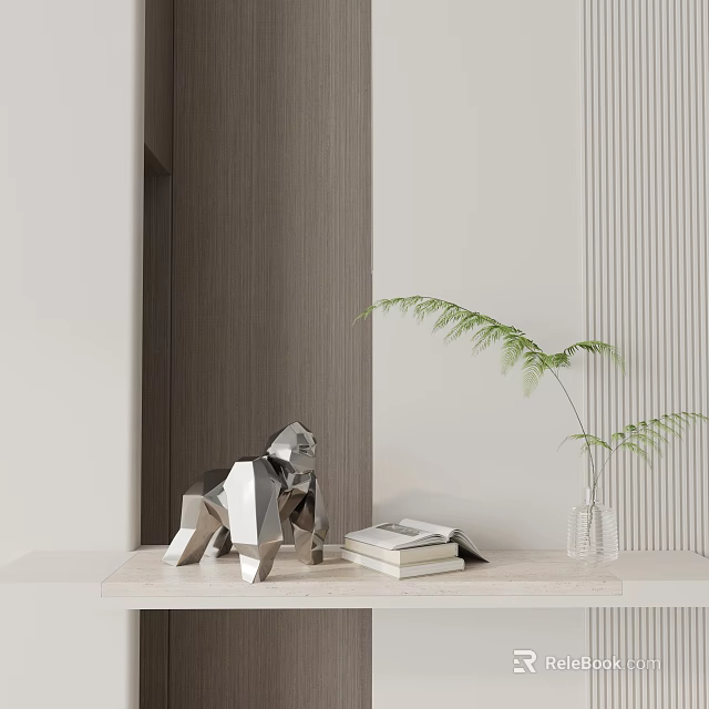 Modern Decorative Ornament Set with Silver Geometric Sculpture Books Fern Plant and Clear Glass Vase 3d model 