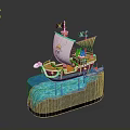 Pirate Ship Model With Wooden Hull Sails Jolly Roger Flags And Blue Water Base