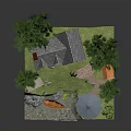 Cartoon Scene with Brick House Trees Gazebo Boat and Lush Green Grass