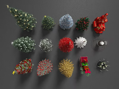 Various Decorated Christmas Trees With Gold Red Ornaments Gift Boxes And Snowflake Decorations 3d model