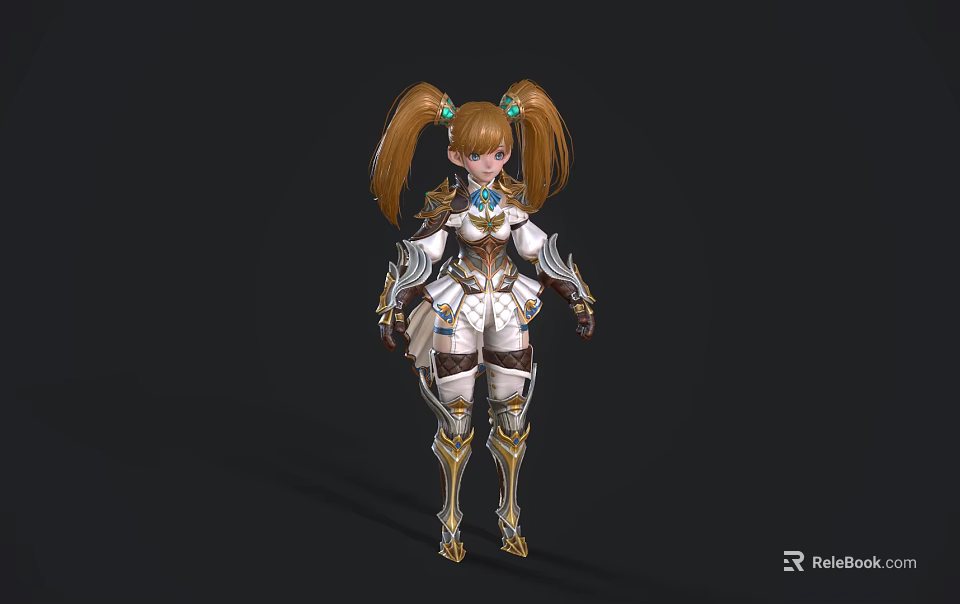Woman With Blonde Ponytails In White And Brown Armor With Gold Accents 3d model 