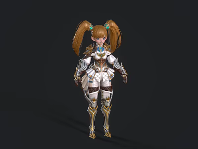 Woman With Blonde Ponytails In White And Brown Armor With Gold Accents 3d model