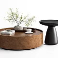 Round Wooden Coffee Table with Tray Books Stone Coffee Cup and Black Side Table