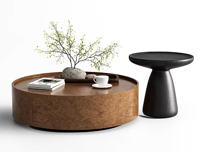 Round Wooden Coffee Table with Tray Books Stone Coffee Cup and Black Side Table 3d model