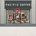Pacific Coffee Shop Exterior With Glass Door Entrance And Interior Seating Area