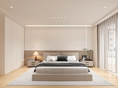 Modern Minimalist Bedroom Interior With Large Bed Soft Tone Rug Wardrobe And Curtains 3d model