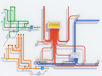 Color Coded Piping System With Red Blue Green Orange Pipes Control Panel And Valves 3d model