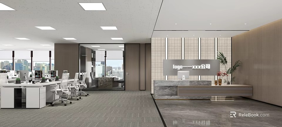 Modern Public Office Space With Reception Desk Office Desks Chairs And Natural Light 3d model 