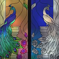 Stained Glass Window Design With Colorful Peacocks Flowers And Leaves In Blue Orange Tones