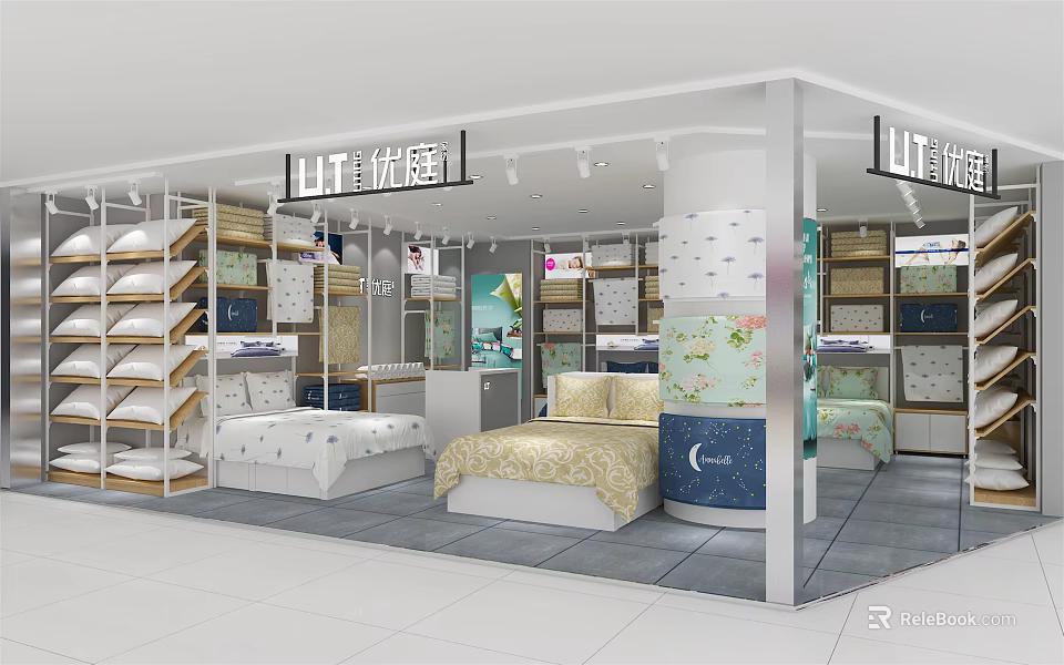 Modern Home Textile Store Showcasing Bedding Sets Pillows And Mattresses In Bright Showroom 3d model 