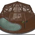Wooden Gazebo Relaxation Space With Swing Bed Potted Plants And Lily Pool