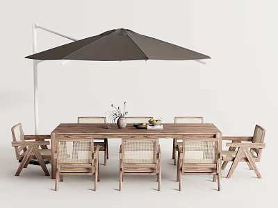 Outdoor Wooden Table and Chairs Set with Black Umbrella and Mesh Back Seats 3d model