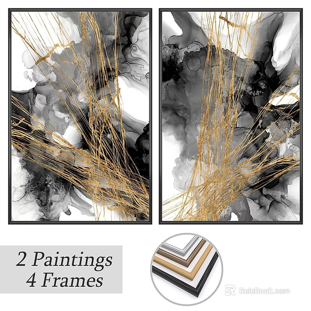 Elegant Modern Frames For Two Abstract Paintings With Black White Gold Tones 3d model 