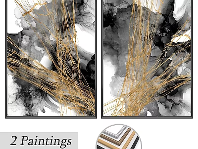 Elegant Modern Frames For Two Abstract Paintings With Black White Gold Tones 3d model
