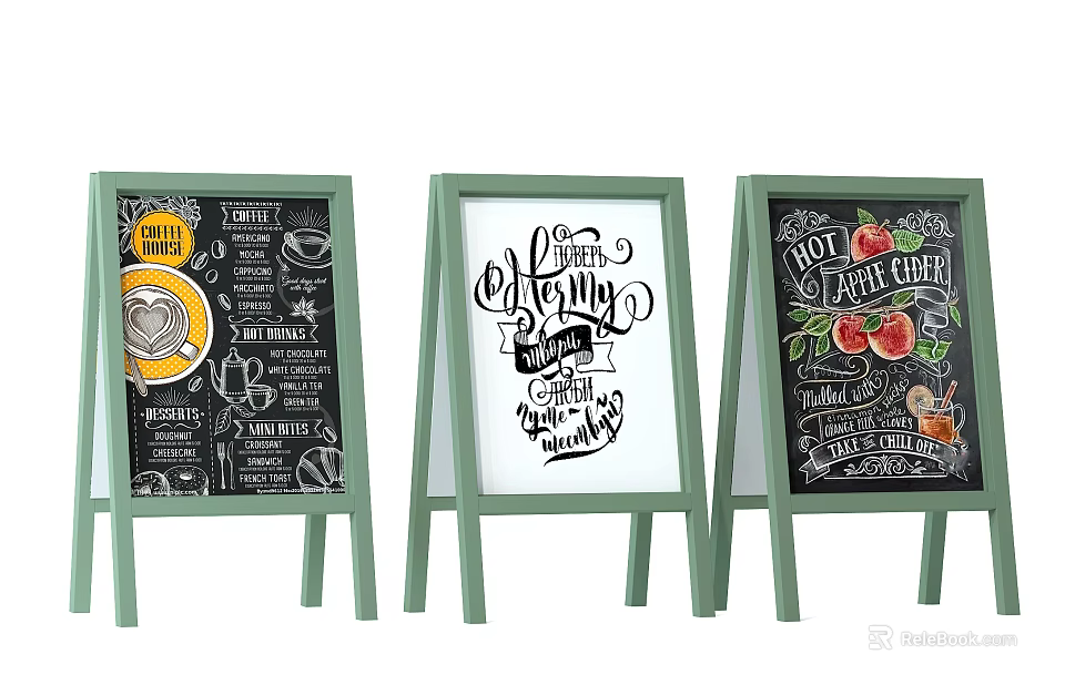 Chalkboard Style Signboards With Hand Drawn Designs Green Frames And Fruit Illustrations 3d model 