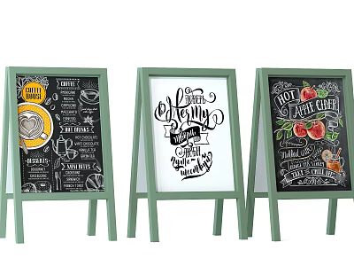 Chalkboard Style Signboards With Hand Drawn Designs Green Frames And Fruit Illustrations 3d model