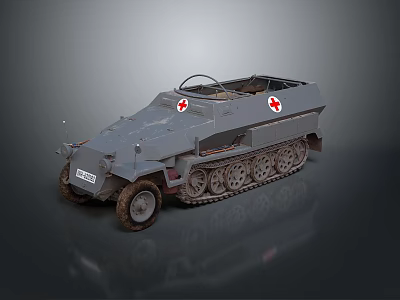 Gray Half Track Military Ambulance Vehicle With Red Cross Markings 3d model