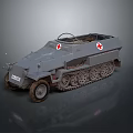 Gray Half Track Military Ambulance Vehicle With Red Cross Markings