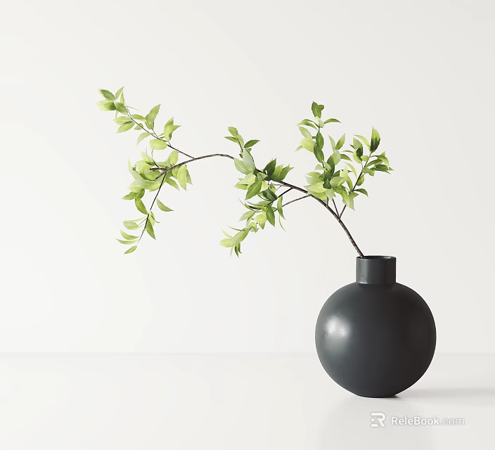 Simple Modern Black Round Vase With Green Leafy Branches On White Background 3d model 