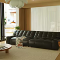 Modern Living Room Interior with Black Leather Sofa Wooden Coffee Table and White Pendant Light