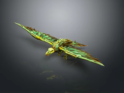 Green and Gold Eagle Flying with Spread Wings Detailed Feathers in Mid Flight 3d model