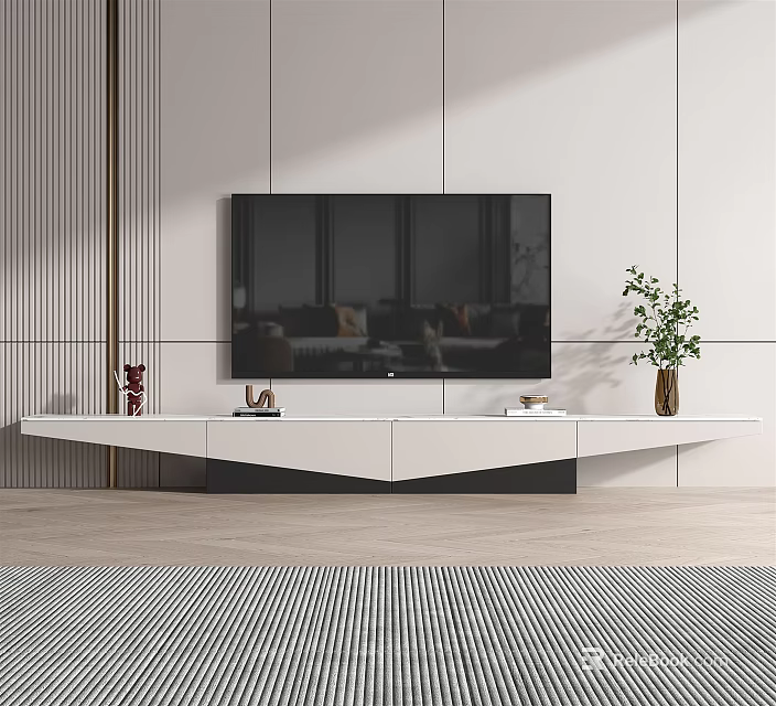Modern White TV Stand with Flat Screen TV Wall Paneling and Decorative Plants 3d model 
