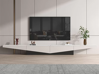 Modern White TV Stand with Flat Screen TV Wall Paneling and Decorative Plants 3d model