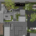 Landscaped Courtyard Garden with Trees Stone Pavement Seating Area and Outdoor Lighting