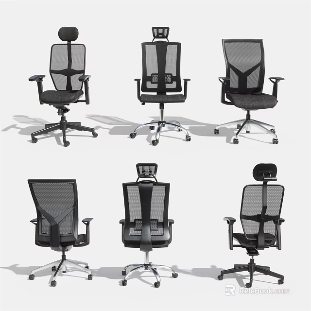 Modern Mesh Office Chairs With Adjustable Backrest And Swivel Wheels Shown In Multiple Angles 3d model 