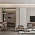 Modern Living Dining Room Interior With Wooden Cabinets Marble Countertop Window Blinds Sofa Bookshelves