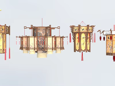 Traditional Chinese Lanterns Vintage Design with Intricate Carvings Red Tassels and Decorative Patterns 3d model