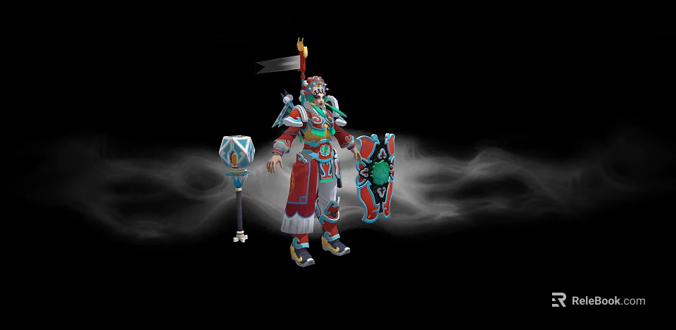 Elaborately Armored Game Movie Character With Weapon Shield And Smoke Effects 3d model 