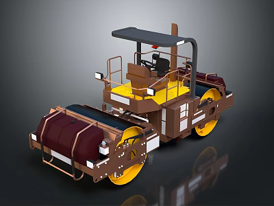 Detailed Brown Yellow Road Roller 3D Model with Cab and Large Rollers 3d model