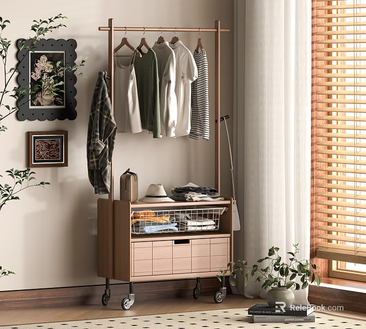 Modern Interior Storage Shelf With Hanging Clothes Drawers Baskets Wheels And Wall Art 3d model 