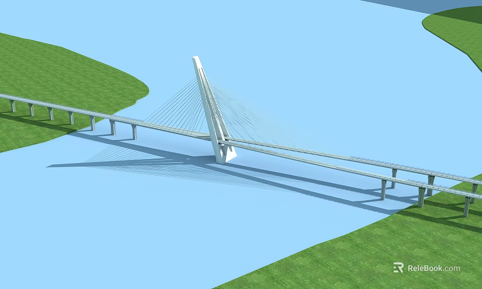 Modern Cable Stayed Bridge Design Spanning Blue Water With Green Grassland Sides 3d model