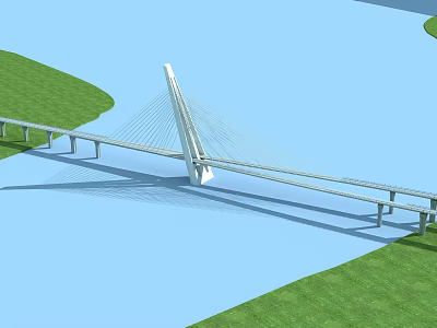 Modern Cable Stayed Bridge Design Spanning Blue Water With Green Grassland Sides 3d model