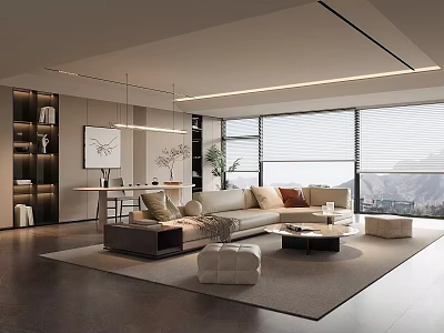 Modern Warm Luxury Living Room Interior Design With Large Panoramic Window And Comfortable Sectional Sofa 3d model