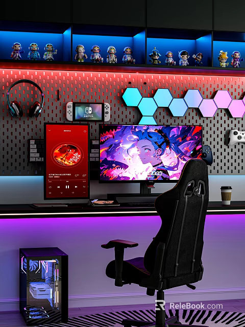 Gaming Cafe Interior Featuring Large Monitor Ergonomic Chair Headphones And Hexagonal LED Lights 3d model 