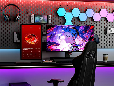 Gaming Cafe Interior Featuring Large Monitor Ergonomic Chair Headphones And Hexagonal LED Lights 3d model