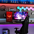 Gaming Cafe Interior Featuring Large Monitor Ergonomic Chair Headphones And Hexagonal LED Lights