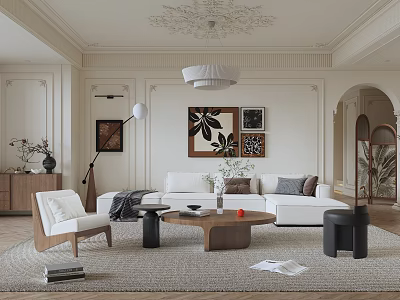 Elegant Living Room Interior Design With White Sofa Wooden Coffee Table And Decorative Paintings 3d model