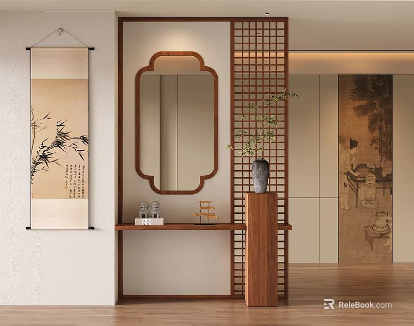 Chinese Style Entryway Hallway With Wooden Partition Mirror Scroll Painting And Green Plant 3d model 